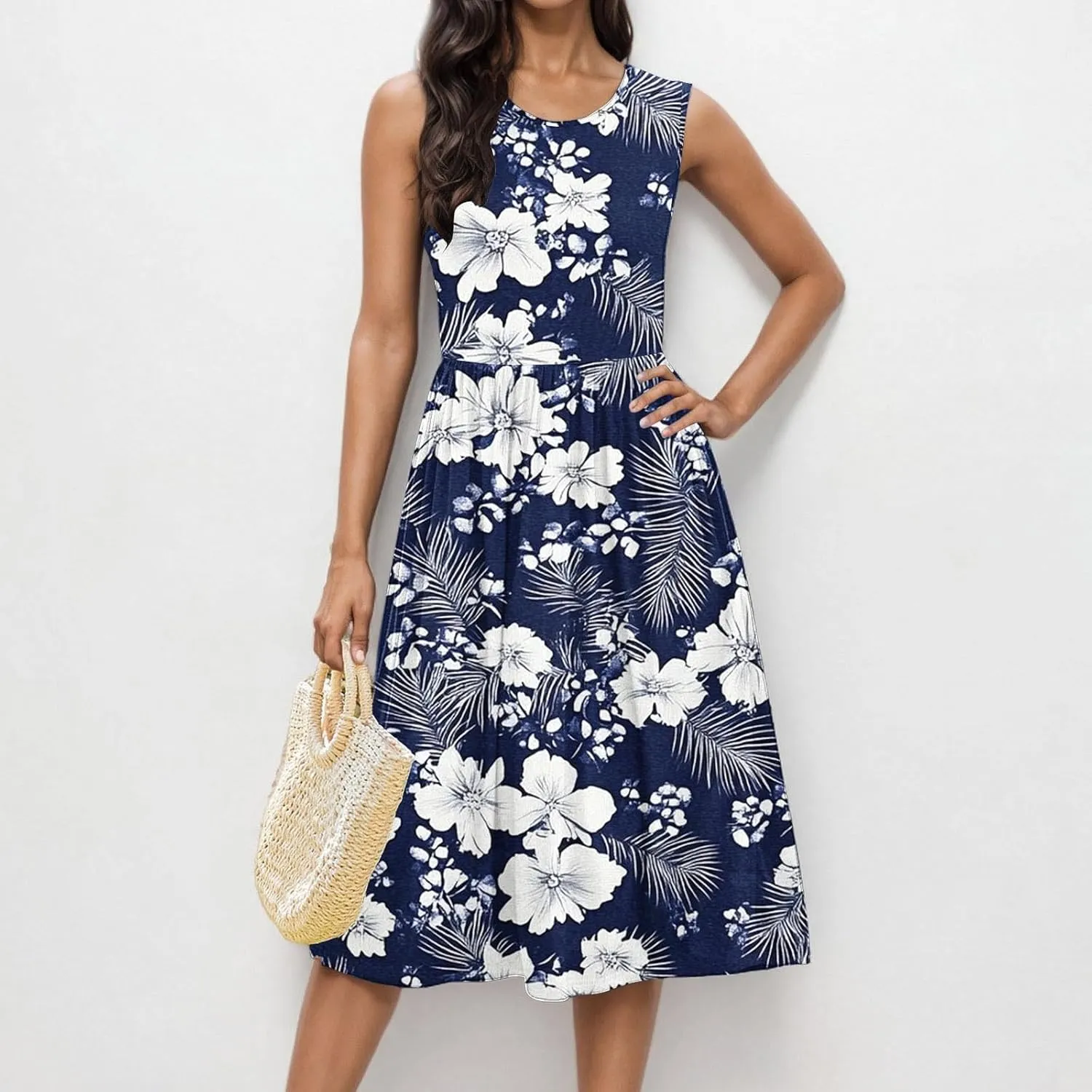 Women's Summer Tank Midi Dress with Pockets, Sleeveless A-Line Sun Dresses Casual T-Shirt Dress Flowy Beach Sundress