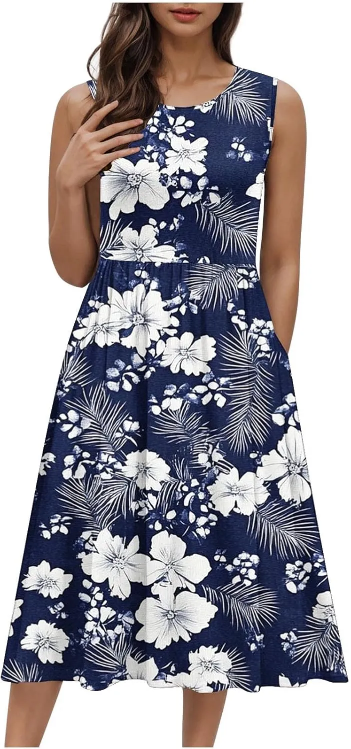 Women's Summer Tank Midi Dress with Pockets, Sleeveless A-Line Sun Dresses Casual T-Shirt Dress Flowy Beach Sundress