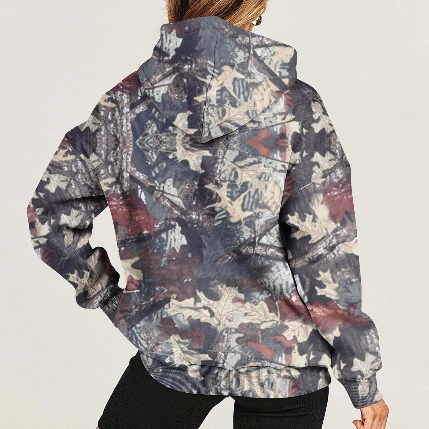 Womens Sweatshirts Trendy Camo Hoodie Maple-Leaf Print Hooded Long Sleeve Tops with Pocket Fall Clothes