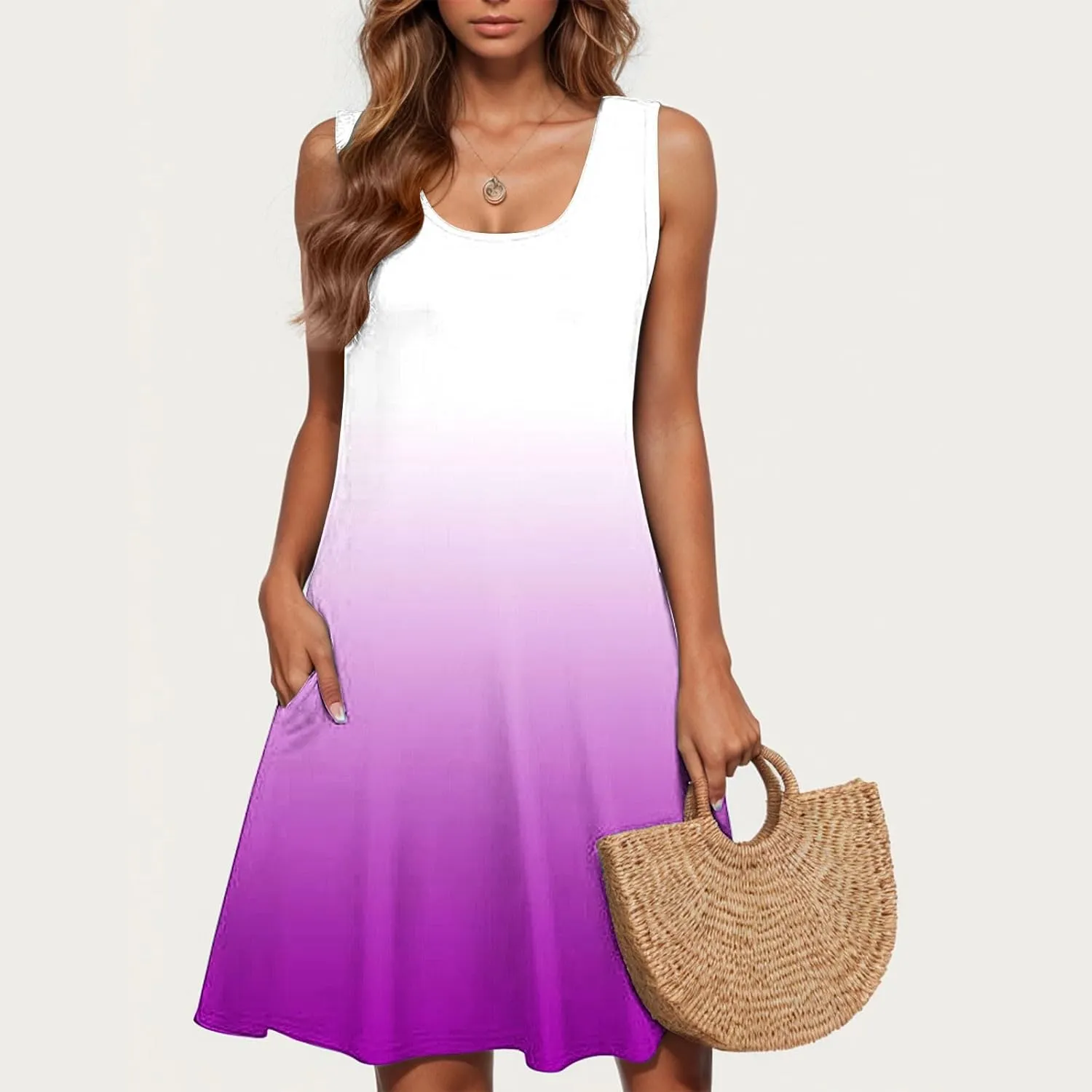 Womens Tie Dye Summer Dresses 2025 Gradient Loose Crew Neck Sleeveless Sundresses Fashion Color Block A-Line Dress