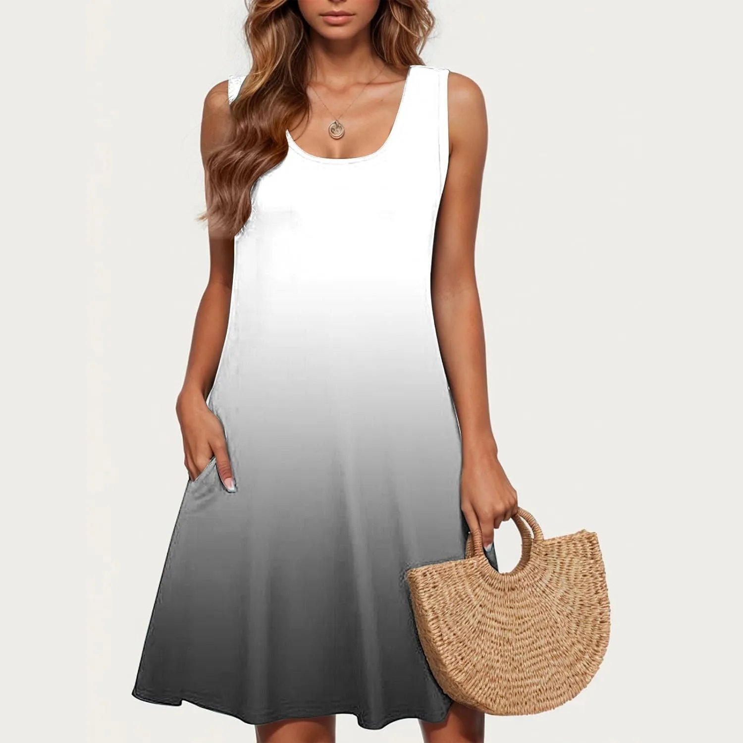 Womens Tie Dye Summer Dresses 2025 Gradient Loose Crew Neck Sleeveless Sundresses Fashion Color Block A-Line Dress