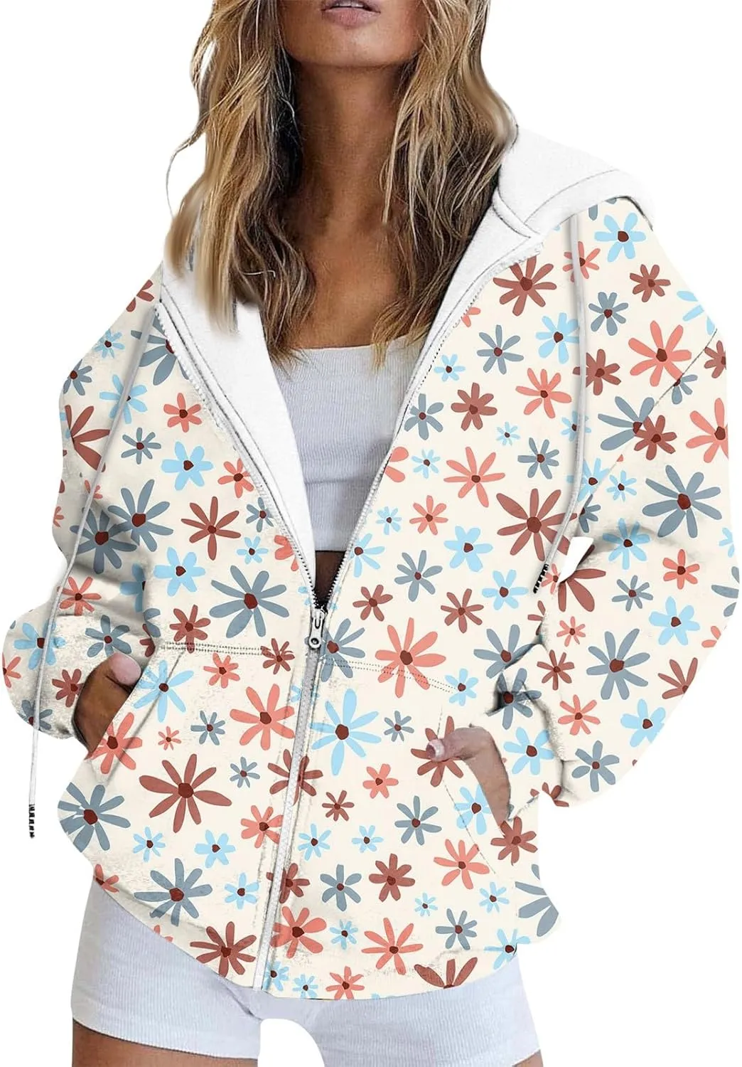 Women's Trendy Floral Printing Jacket Zip Up Hoodies Lightweight Long Sleeve Coat Fall Fashion Outfits with Pockets