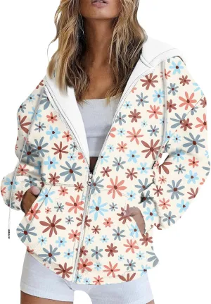 Women's Trendy Floral Printing Jacket Zip Up Hoodies Lightweight Long Sleeve Coat Fall Fashion Outfits with Pockets