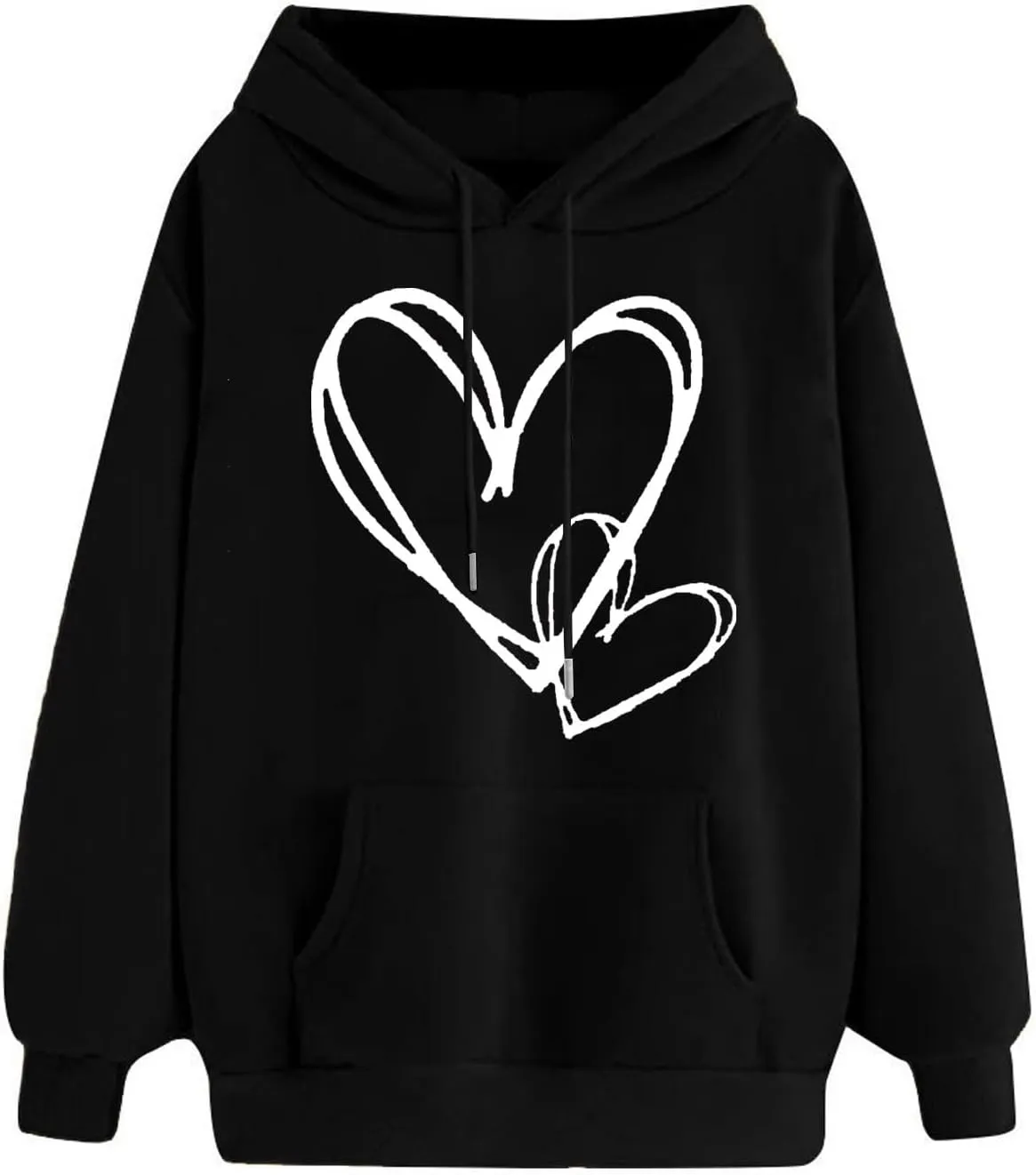 Womens Trendy Graphic Hoodies Heart Print Long Sleeve Pocket Casual Loose Fitted Sweatshirt Drawstring Pullover Tops