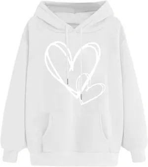 Womens Trendy Graphic Hoodies Heart Print Long Sleeve Pocket Casual Loose Fitted Sweatshirt Drawstring Pullover Tops