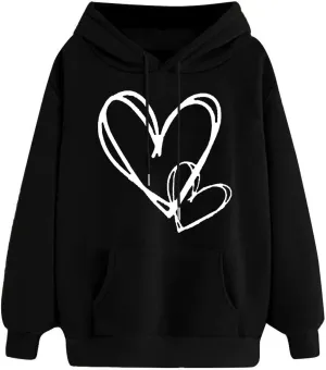 Womens Trendy Graphic Hoodies Heart Print Long Sleeve Pocket Casual Loose Fitted Sweatshirt Drawstring Pullover Tops
