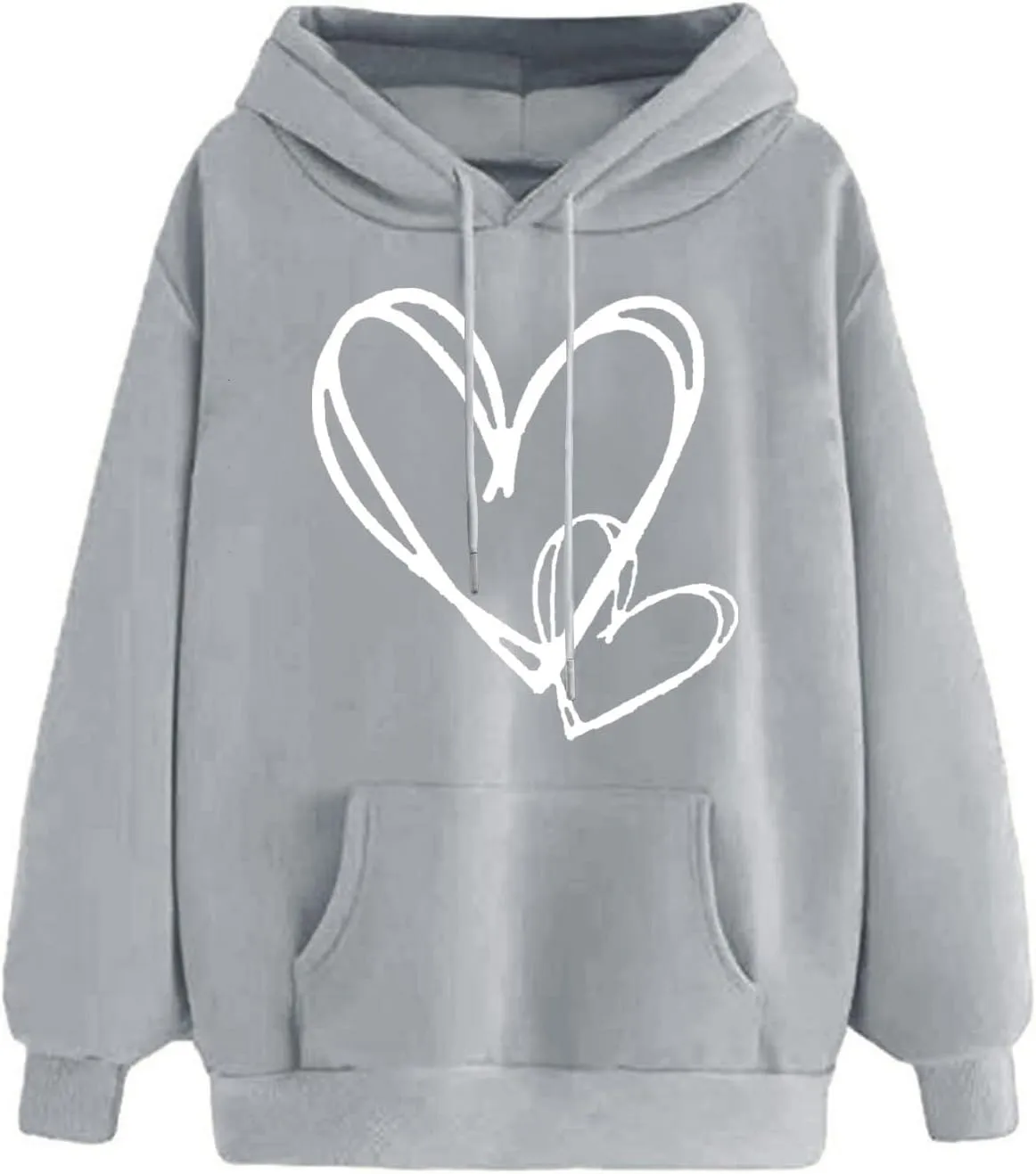 Womens Trendy Graphic Hoodies Heart Print Long Sleeve Pocket Casual Loose Fitted Sweatshirt Drawstring Pullover Tops