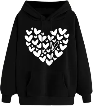 Womens Trendy Graphic Hoodies Heart Print Long Sleeve Pocket Casual Loose Fitted Sweatshirt Drawstring Pullover Tops