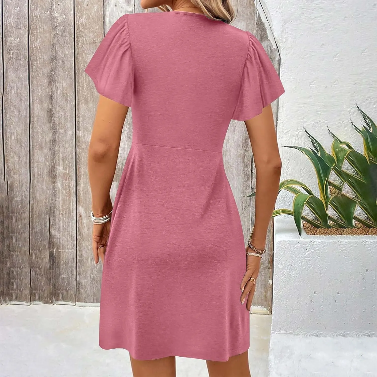 Womens Twist Front V Neck Summer Dress Sexy Elegant Puff Sleeve Casual Pleated Mini Dresses Swing A Line Sundresses