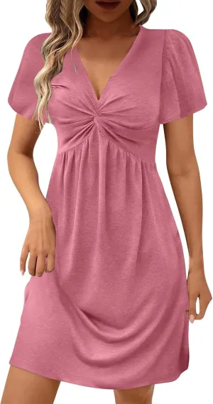 Womens Twist Front V Neck Summer Dress Sexy Elegant Puff Sleeve Casual Pleated Mini Dresses Swing A Line Sundresses