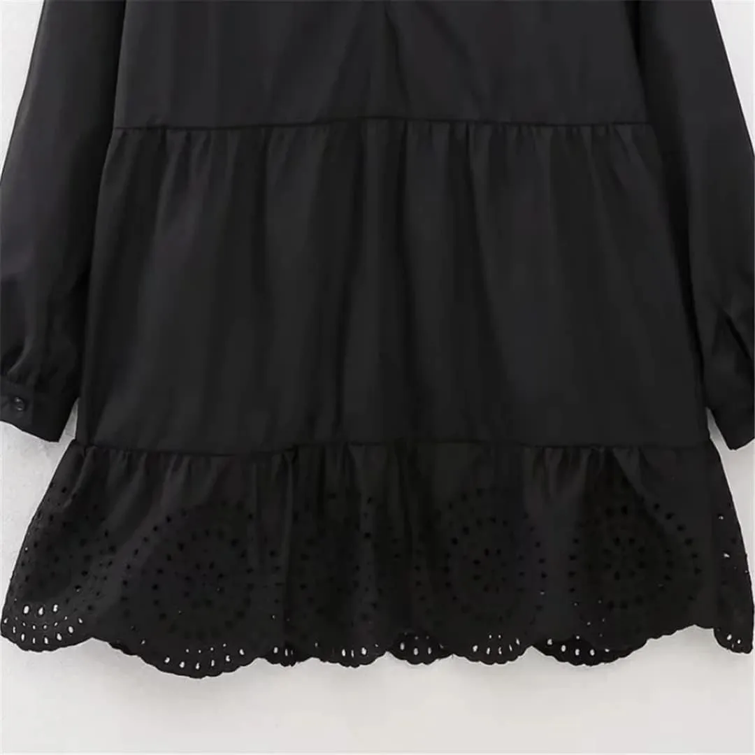 Women's V-Neck Hollow Embroidery Tiered Ruffle Mini Dress Elegant Female Long Sleeve Loose Dresses