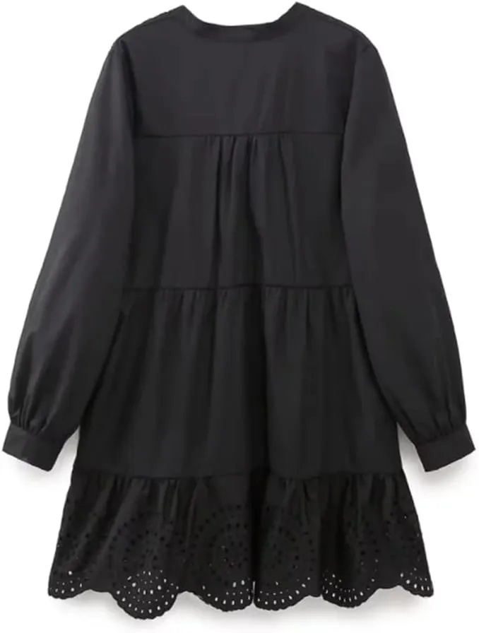 Women's V-Neck Hollow Embroidery Tiered Ruffle Mini Dress Elegant Female Long Sleeve Loose Dresses