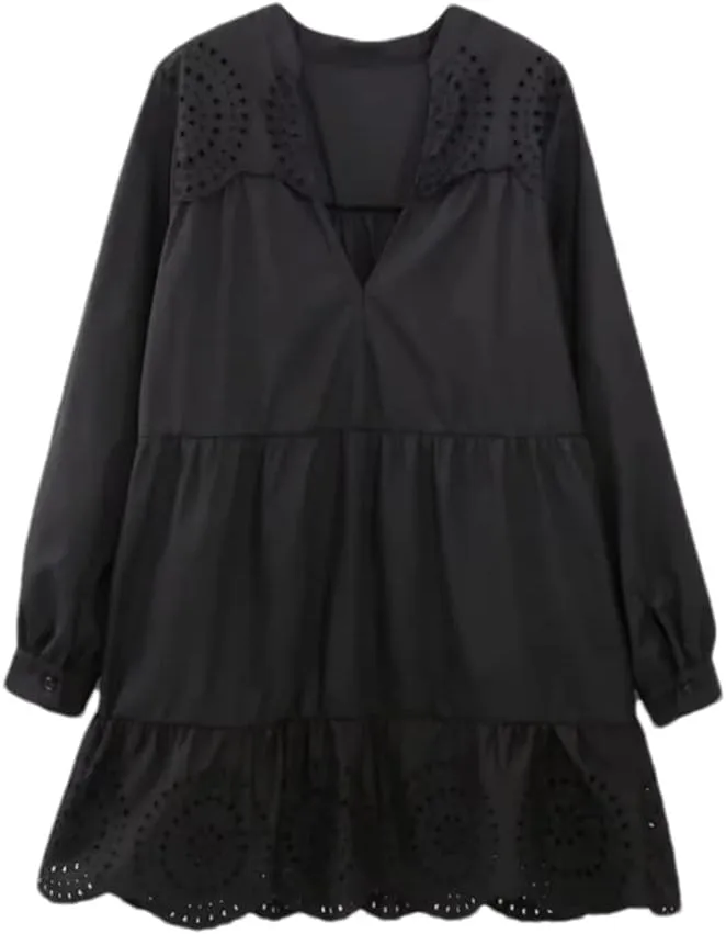 Women's V-Neck Hollow Embroidery Tiered Ruffle Mini Dress Elegant Female Long Sleeve Loose Dresses