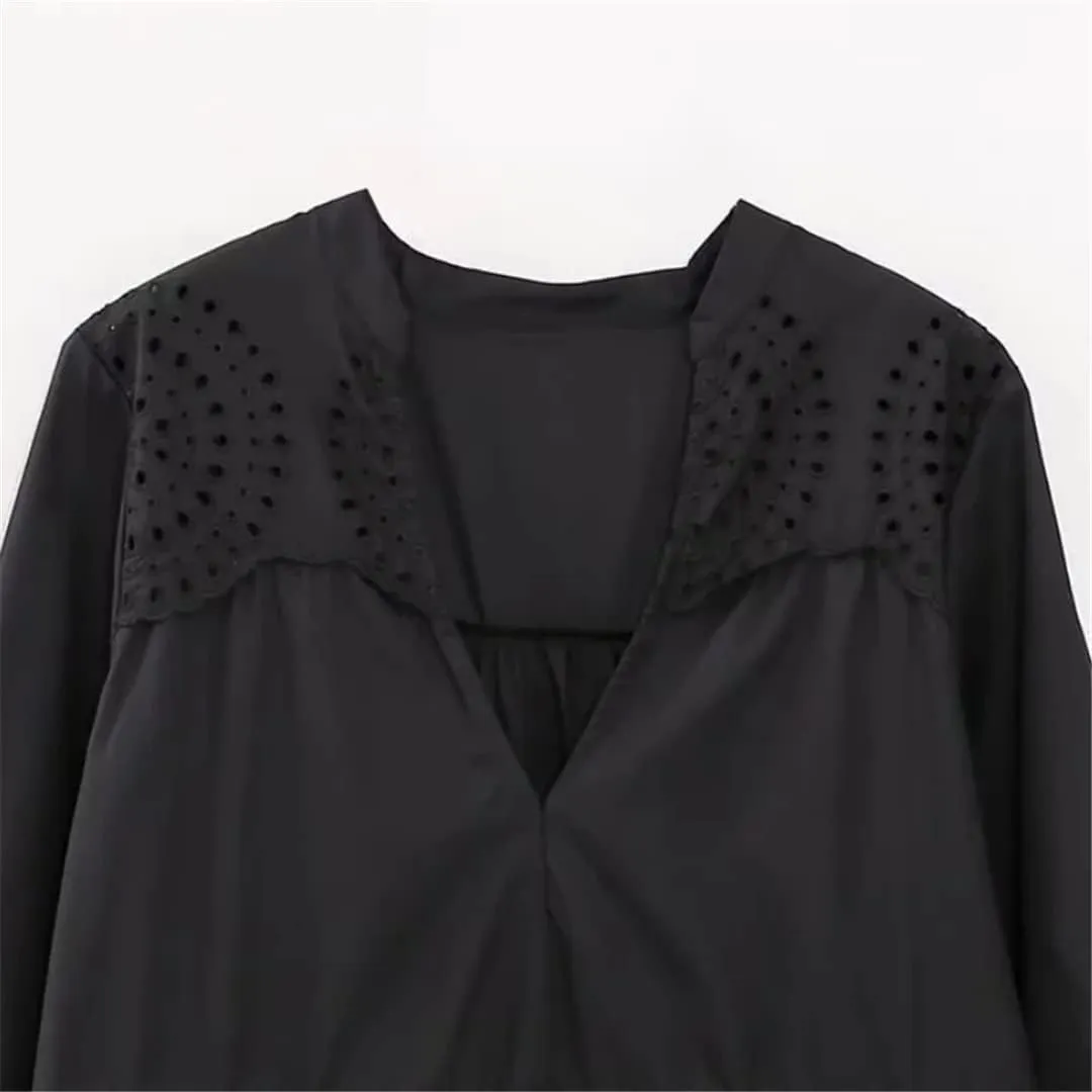 Women's V-Neck Hollow Embroidery Tiered Ruffle Mini Dress Elegant Female Long Sleeve Loose Dresses
