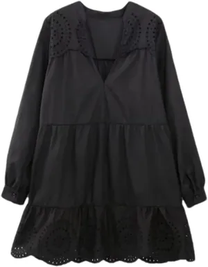 Women's V-Neck Hollow Embroidery Tiered Ruffle Mini Dress Elegant Female Long Sleeve Loose Dresses