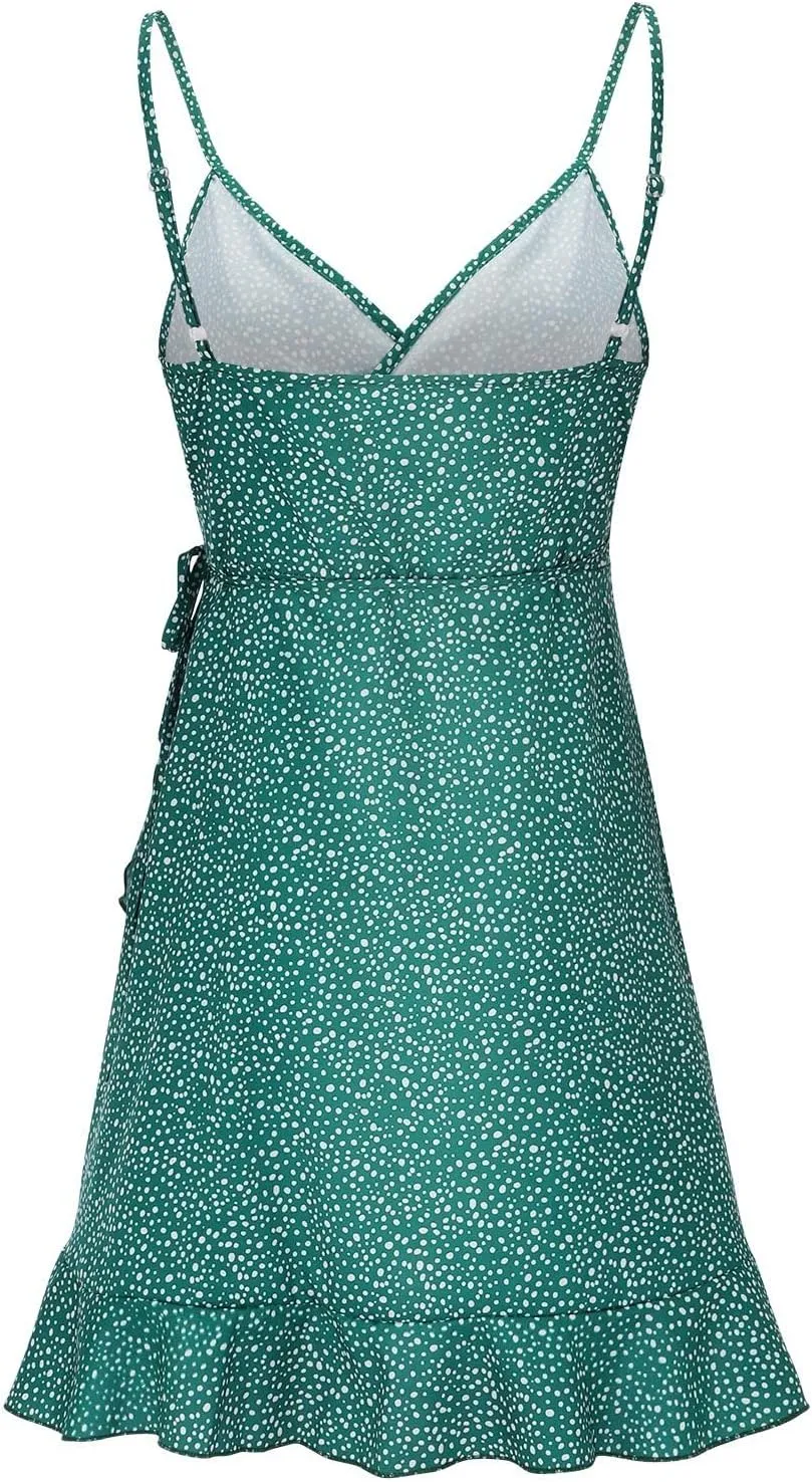 Womens V Neck Ruffle Mini Dress 2024 Summer Flowy Beach Traveling Dresses Spaghetti Strap Floral Print Swing Casual Sundress