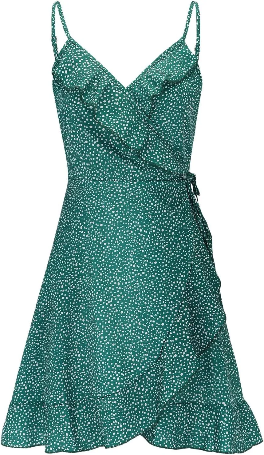 Womens V Neck Ruffle Mini Dress 2024 Summer Flowy Beach Traveling Dresses Spaghetti Strap Floral Print Swing Casual Sundress