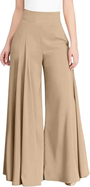 Womens Wide Leg High Waist Wide Leg Pants Casual Pants Comfy Pockets Relaxed Trousers Women Elastic Waist (Khaki-a, M), Medium