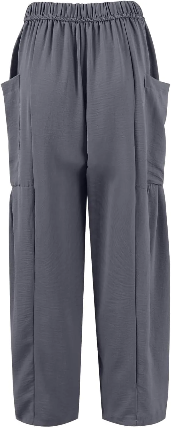 Women's Wide Leg Pants Comfy Casual Loose Fit Drawstring Flowy Summer Beach Palazzo Harem Pants with Pockets