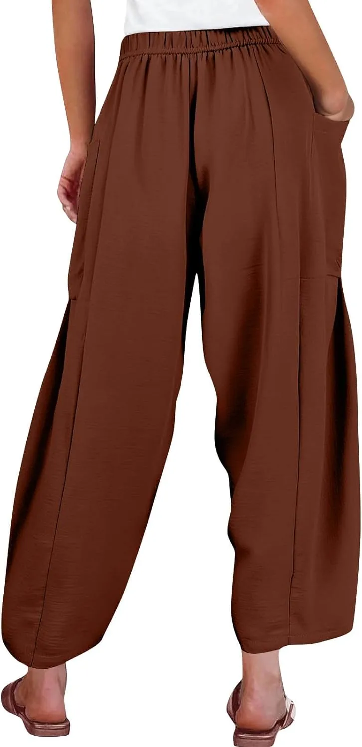 Women's Wide Leg Pants Comfy Casual Loose Fit Drawstring Flowy Summer Beach Palazzo Harem Pants with Pockets