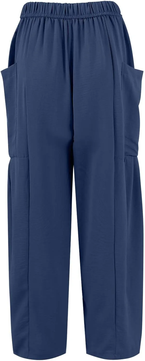 Women's Wide Leg Pants Comfy Casual Loose Fit Drawstring Flowy Summer Beach Palazzo Harem Pants with Pockets