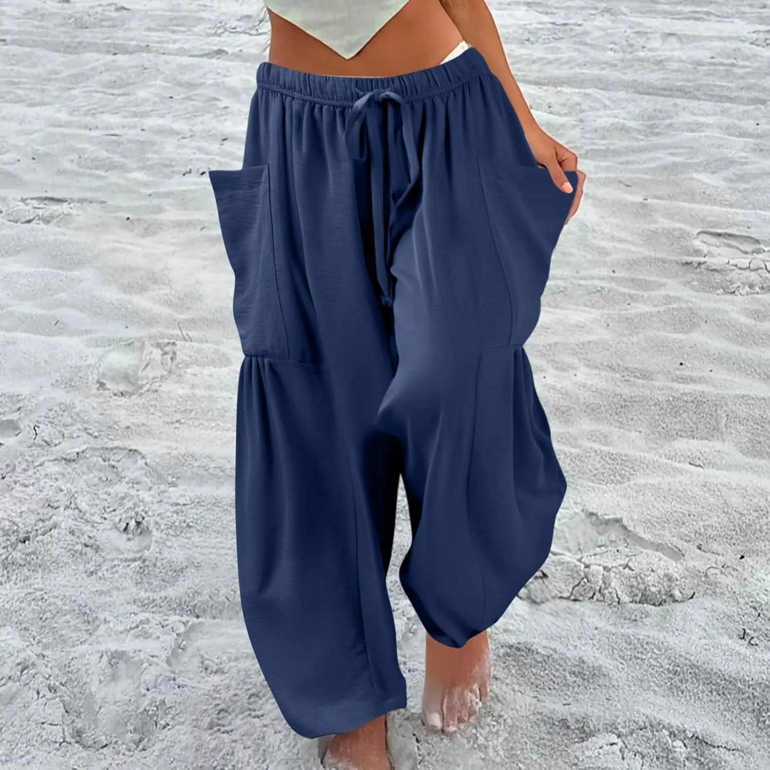 Women's Wide Leg Pants Comfy Casual Loose Fit Drawstring Flowy Summer Beach Palazzo Harem Pants with Pockets