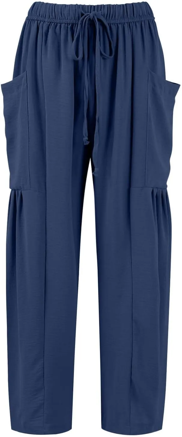 Women's Wide Leg Pants Comfy Casual Loose Fit Drawstring Flowy Summer Beach Palazzo Harem Pants with Pockets