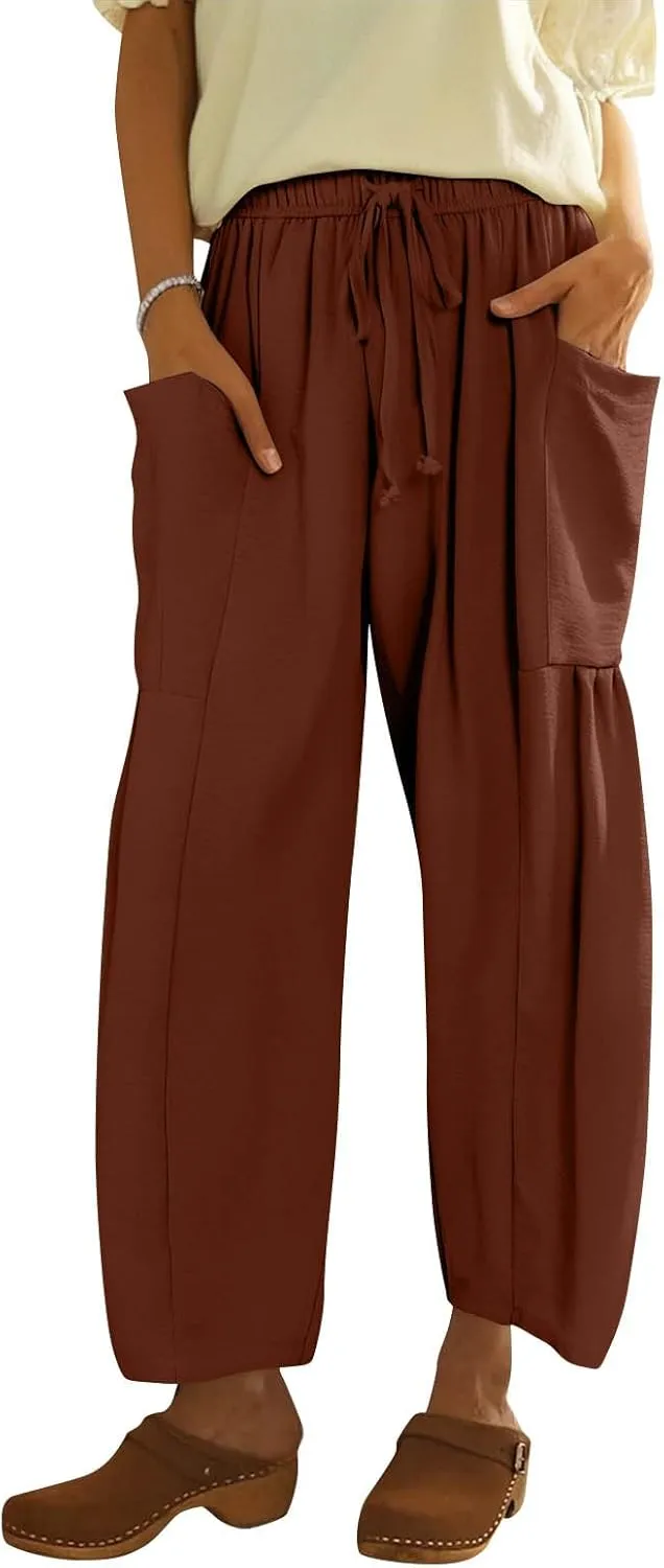 Women's Wide Leg Pants Comfy Casual Loose Fit Drawstring Flowy Summer Beach Palazzo Harem Pants with Pockets