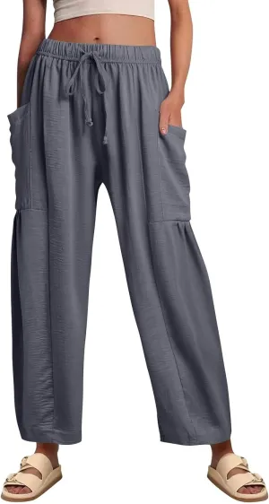 Women's Wide Leg Pants Comfy Casual Loose Fit Drawstring Flowy Summer Beach Palazzo Harem Pants with Pockets