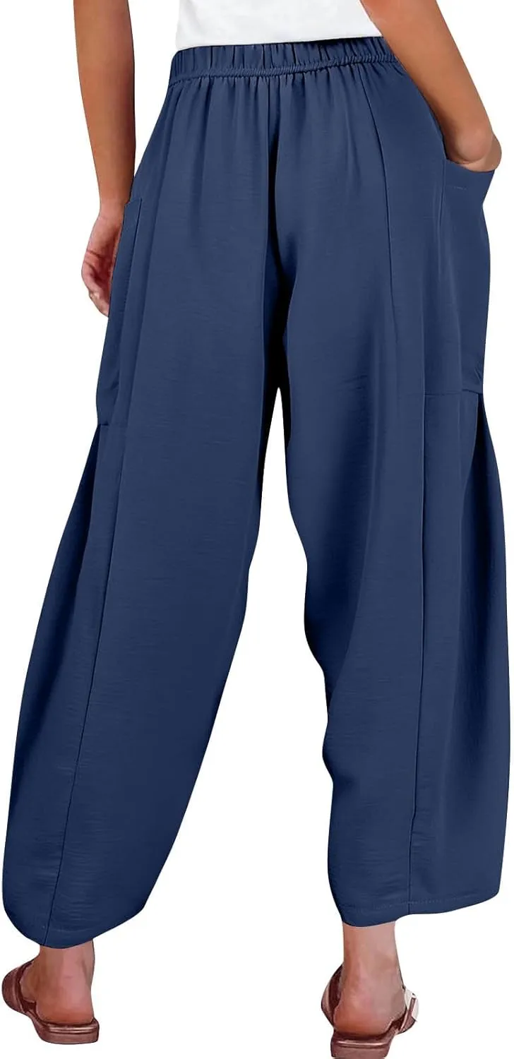 Women's Wide Leg Pants Comfy Casual Loose Fit Drawstring Flowy Summer Beach Palazzo Harem Pants with Pockets