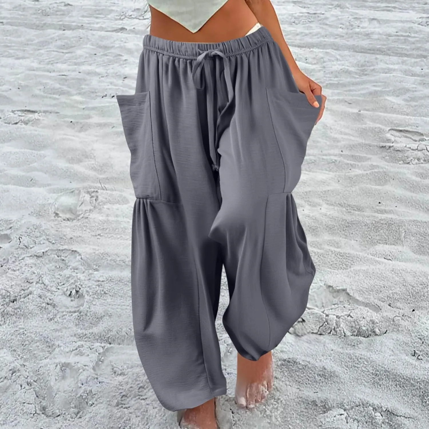 Women's Wide Leg Pants Comfy Casual Loose Fit Drawstring Flowy Summer Beach Palazzo Harem Pants with Pockets