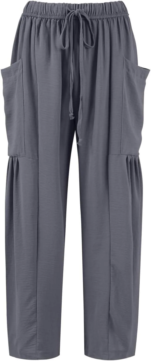 Women's Wide Leg Pants Comfy Casual Loose Fit Drawstring Flowy Summer Beach Palazzo Harem Pants with Pockets