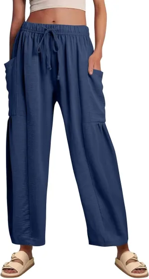Women's Wide Leg Pants Comfy Casual Loose Fit Drawstring Flowy Summer Beach Palazzo Harem Pants with Pockets