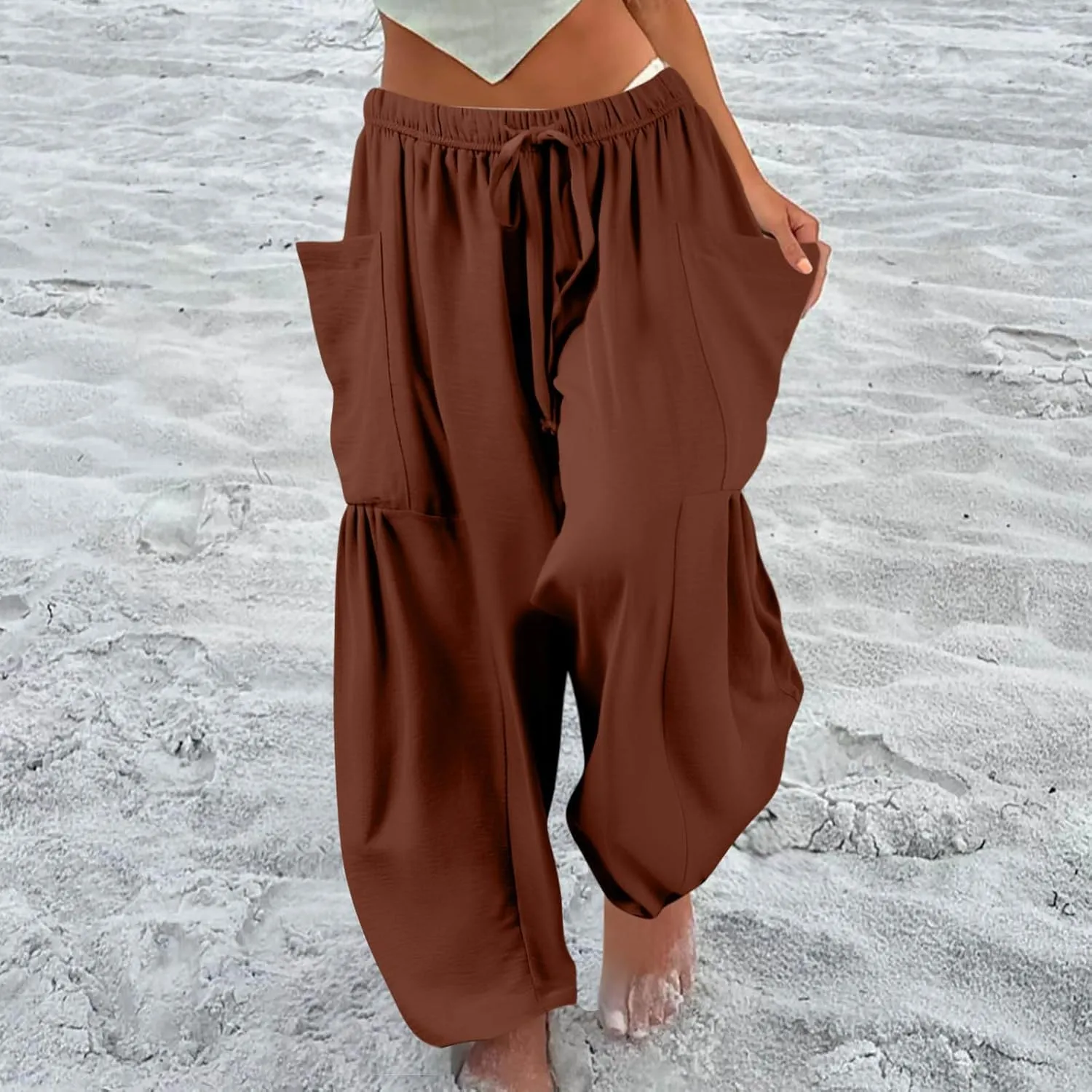 Women's Wide Leg Pants Comfy Casual Loose Fit Drawstring Flowy Summer Beach Palazzo Harem Pants with Pockets