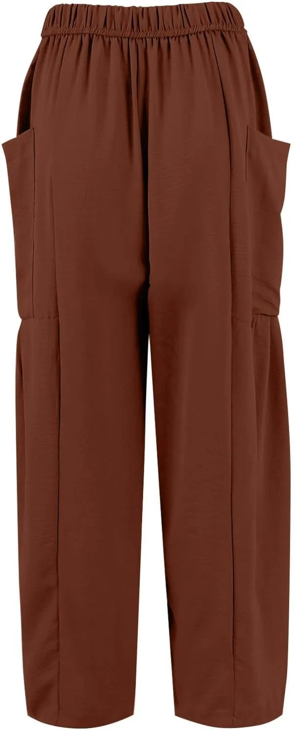 Women's Wide Leg Pants Comfy Casual Loose Fit Drawstring Flowy Summer Beach Palazzo Harem Pants with Pockets