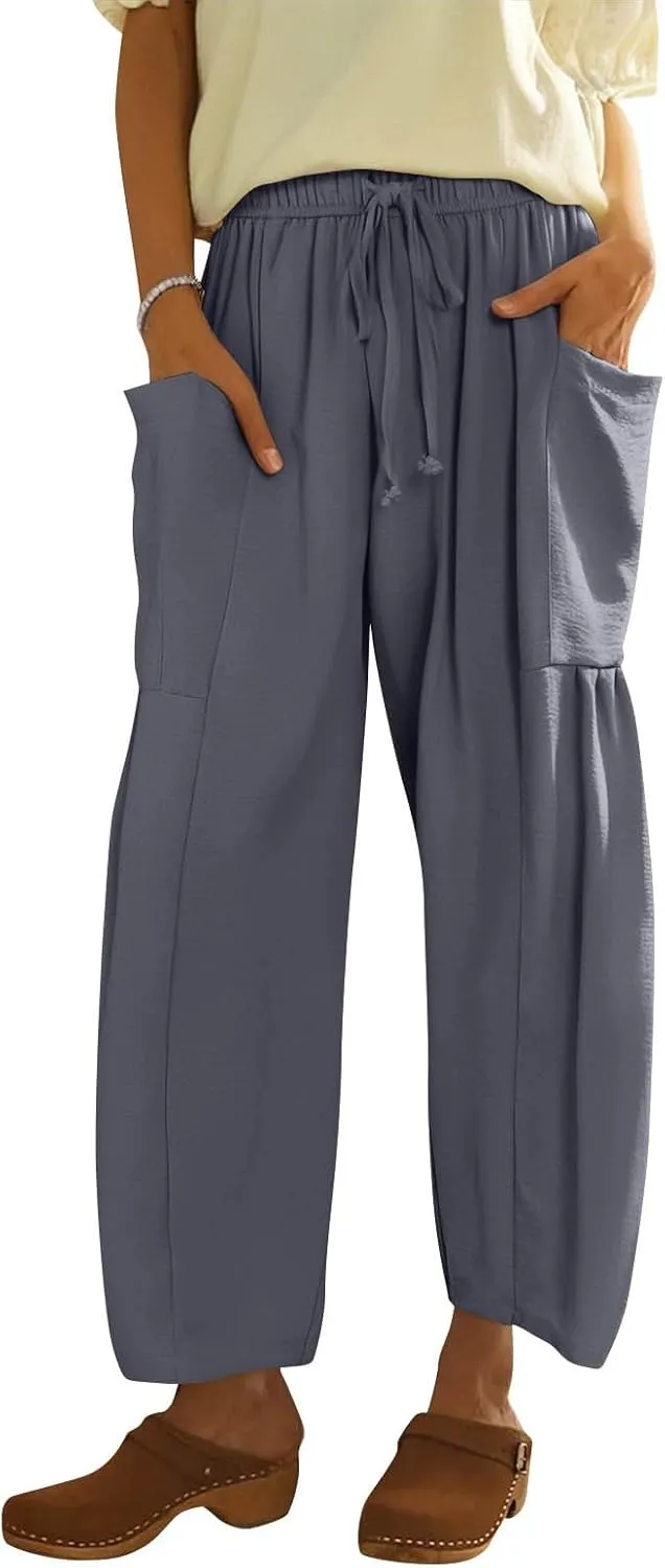 Women's Wide Leg Pants Comfy Casual Loose Fit Drawstring Flowy Summer Beach Palazzo Harem Pants with Pockets