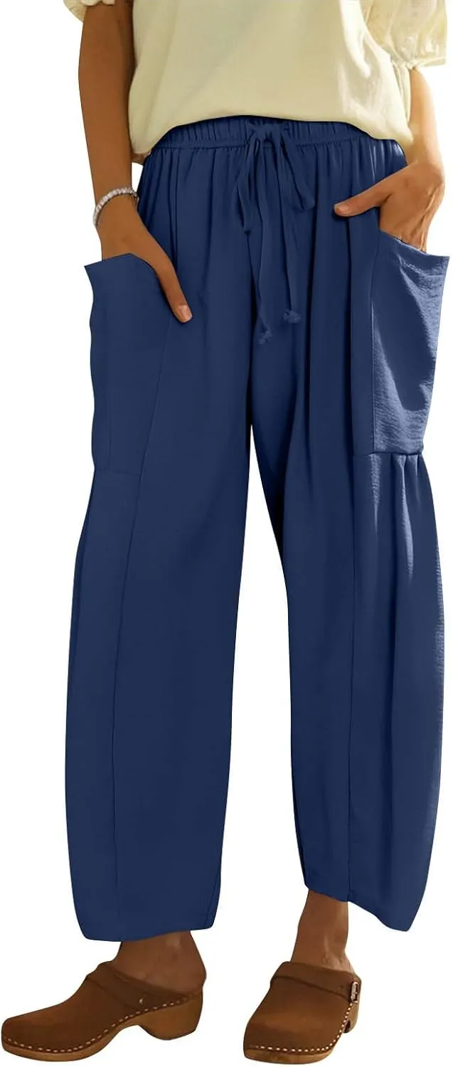 Women's Wide Leg Pants Comfy Casual Loose Fit Drawstring Flowy Summer Beach Palazzo Harem Pants with Pockets