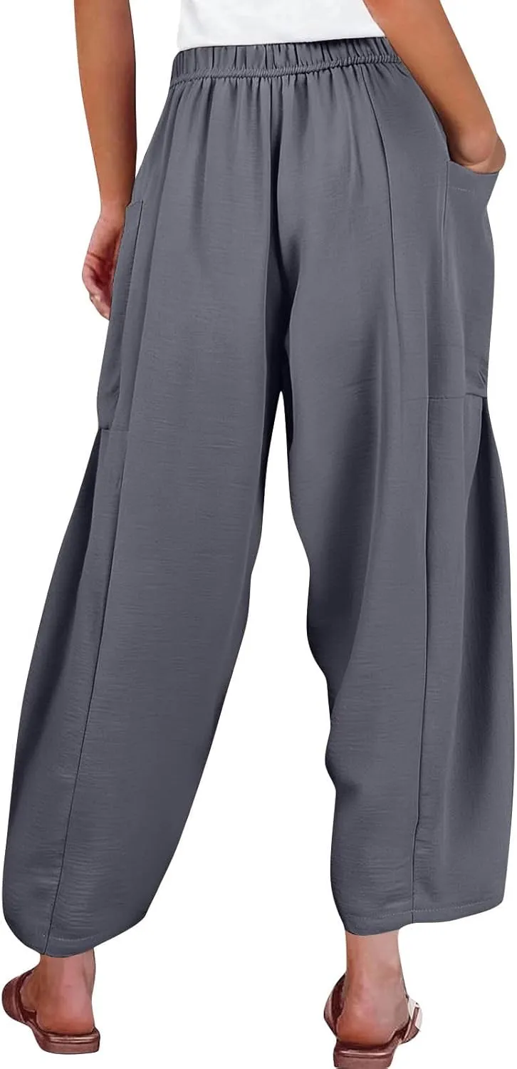 Women's Wide Leg Pants Comfy Casual Loose Fit Drawstring Flowy Summer Beach Palazzo Harem Pants with Pockets