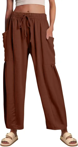 Women's Wide Leg Pants Comfy Casual Loose Fit Drawstring Flowy Summer Beach Palazzo Harem Pants with Pockets