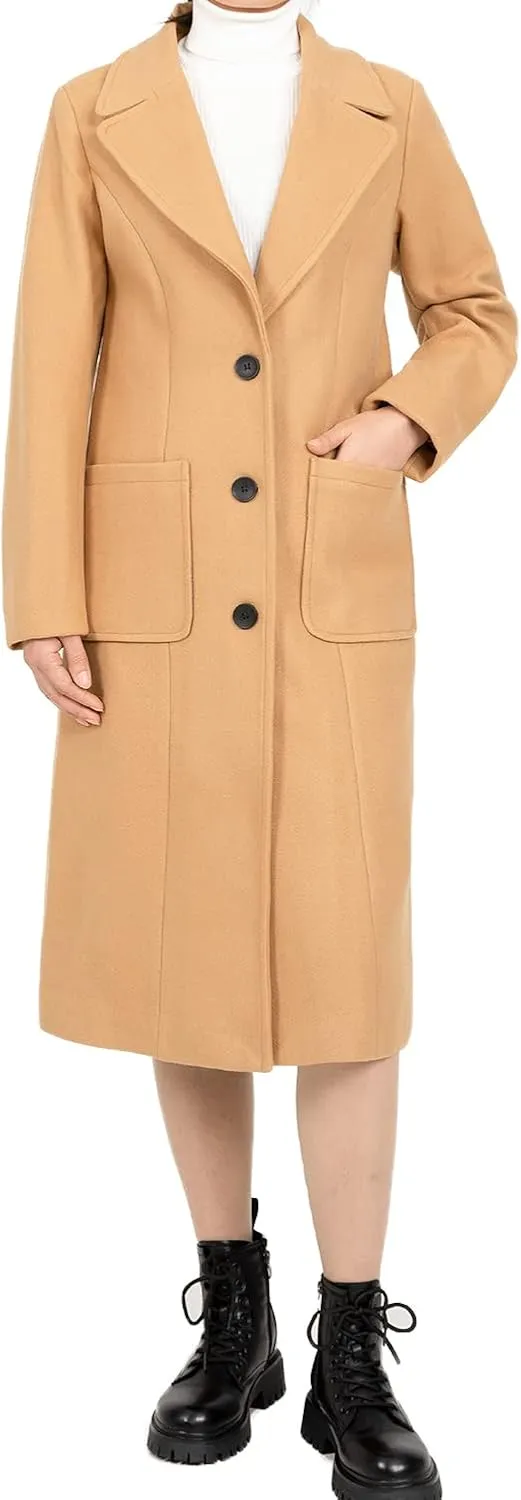 Women's Wool Blend Pea Coat Notch Lapel Single Breasted Classic Winter Long Wool Trench Coat