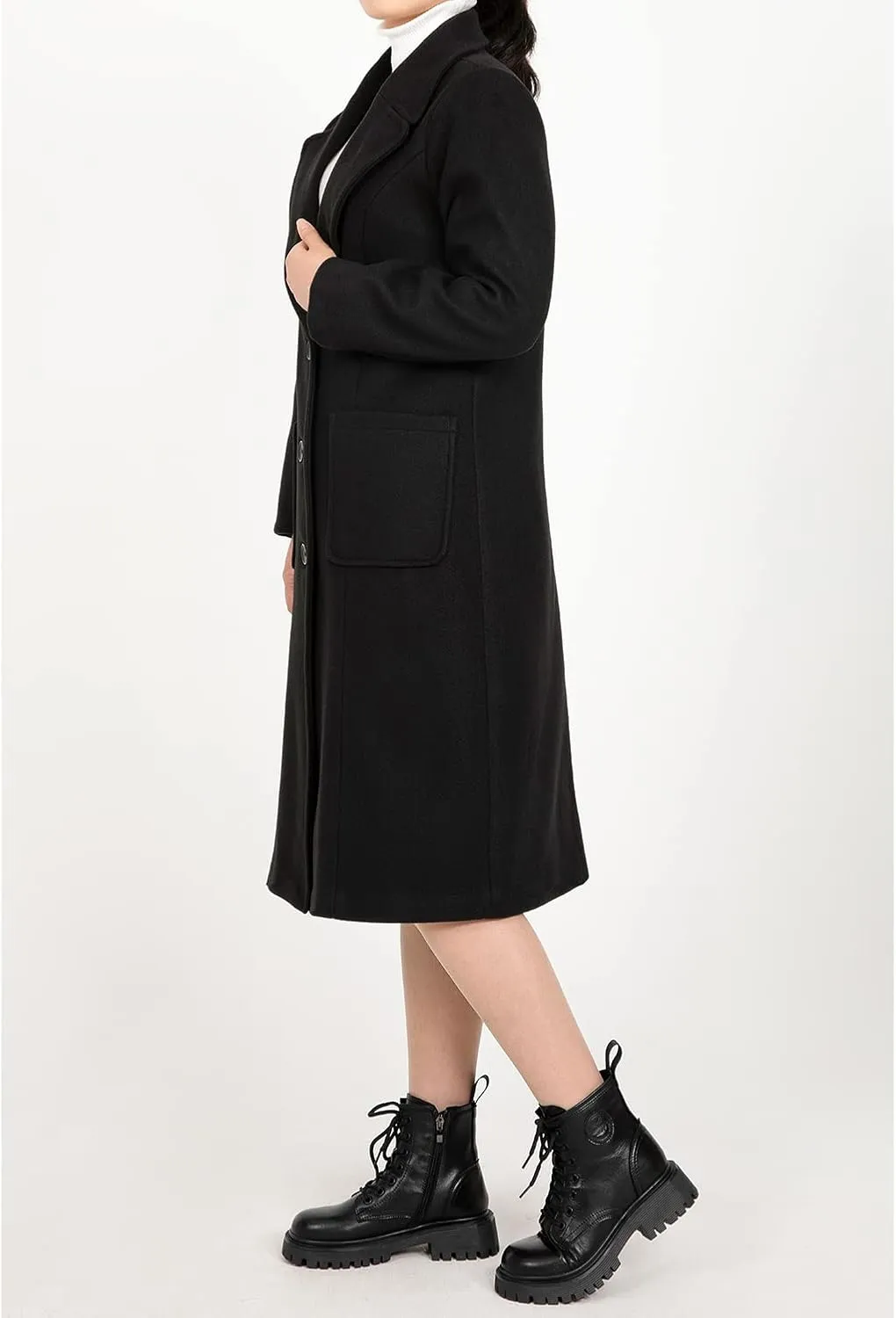Women's Wool Blend Pea Coat Notch Lapel Single Breasted Classic Winter Long Wool Trench Coat