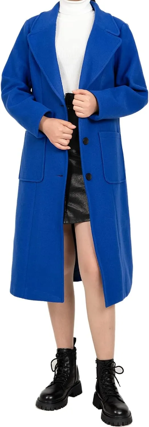 Women's Wool Blend Pea Coat Notch Lapel Single Breasted Classic Winter Long Wool Trench Coat