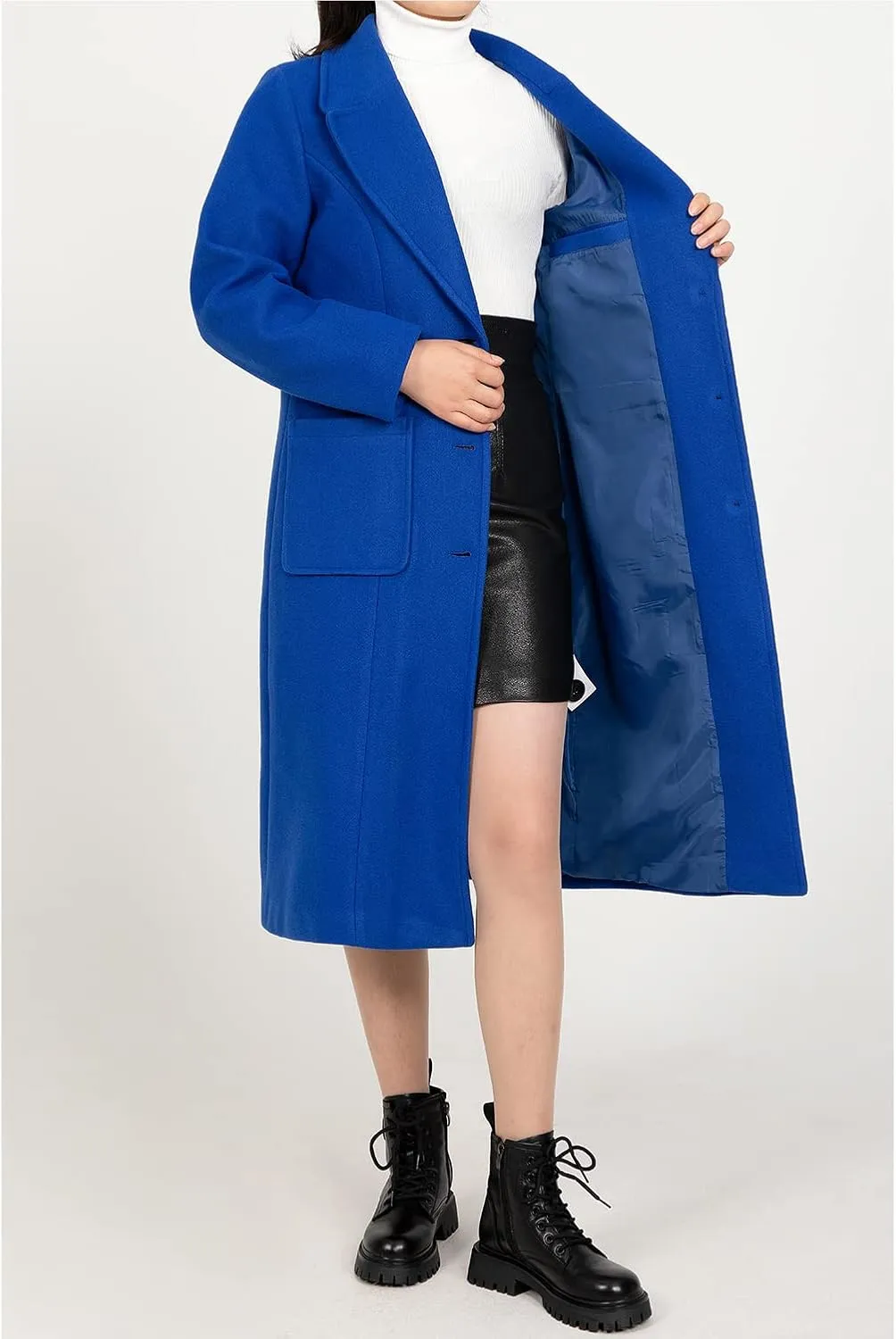 Women's Wool Blend Pea Coat Notch Lapel Single Breasted Classic Winter Long Wool Trench Coat