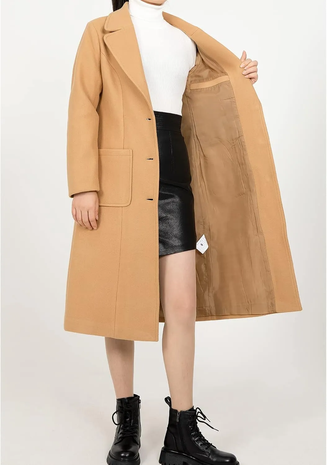 Women's Wool Blend Pea Coat Notch Lapel Single Breasted Classic Winter Long Wool Trench Coat
