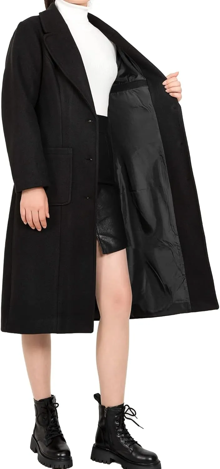 Women's Wool Blend Pea Coat Notch Lapel Single Breasted Classic Winter Long Wool Trench Coat