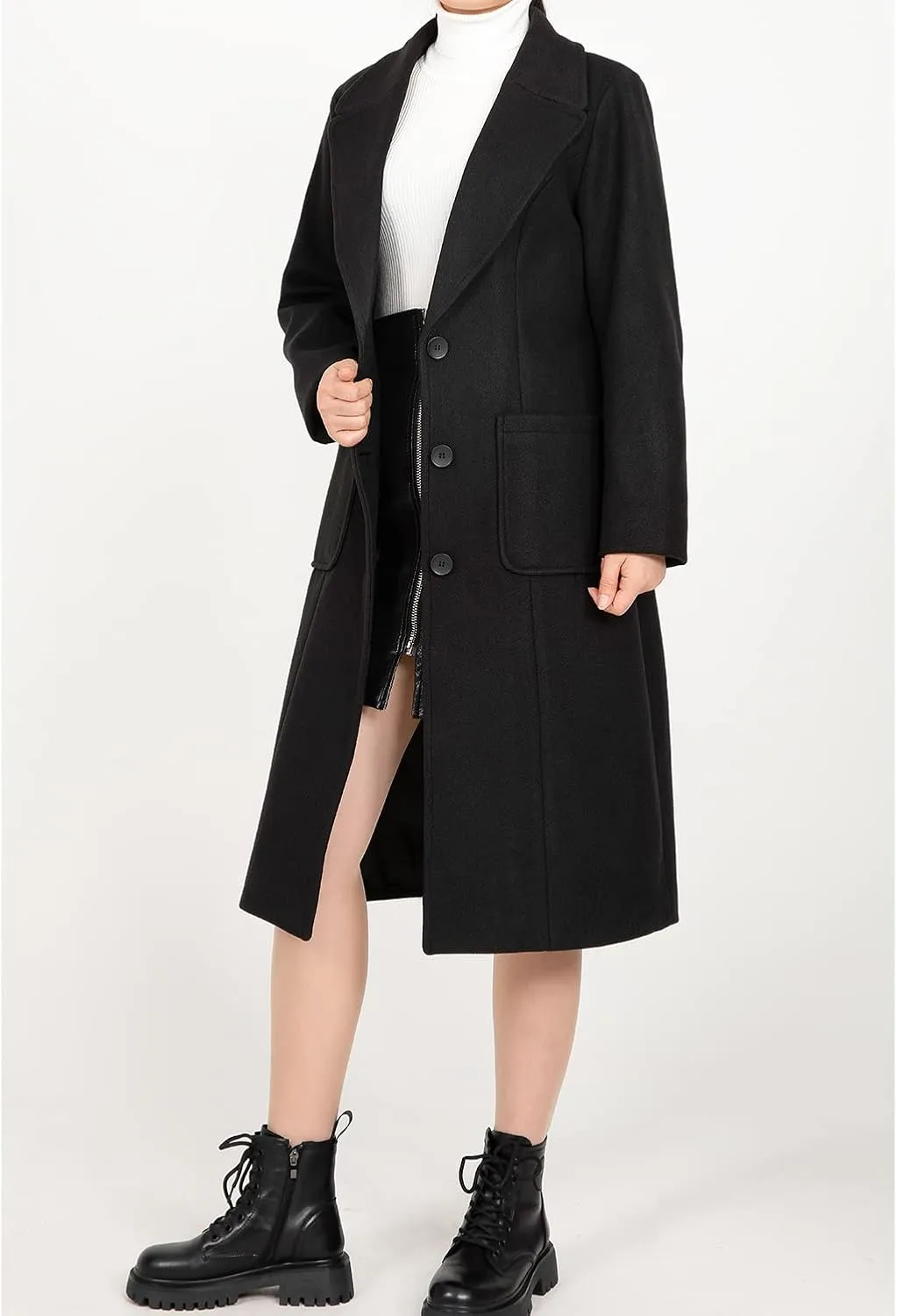 Women's Wool Blend Pea Coat Notch Lapel Single Breasted Classic Winter Long Wool Trench Coat