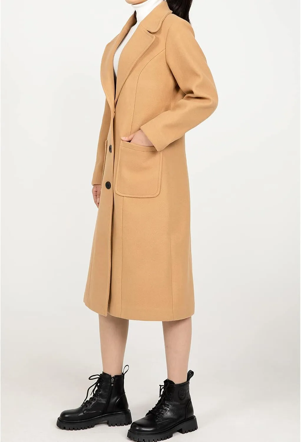 Women's Wool Blend Pea Coat Notch Lapel Single Breasted Classic Winter Long Wool Trench Coat