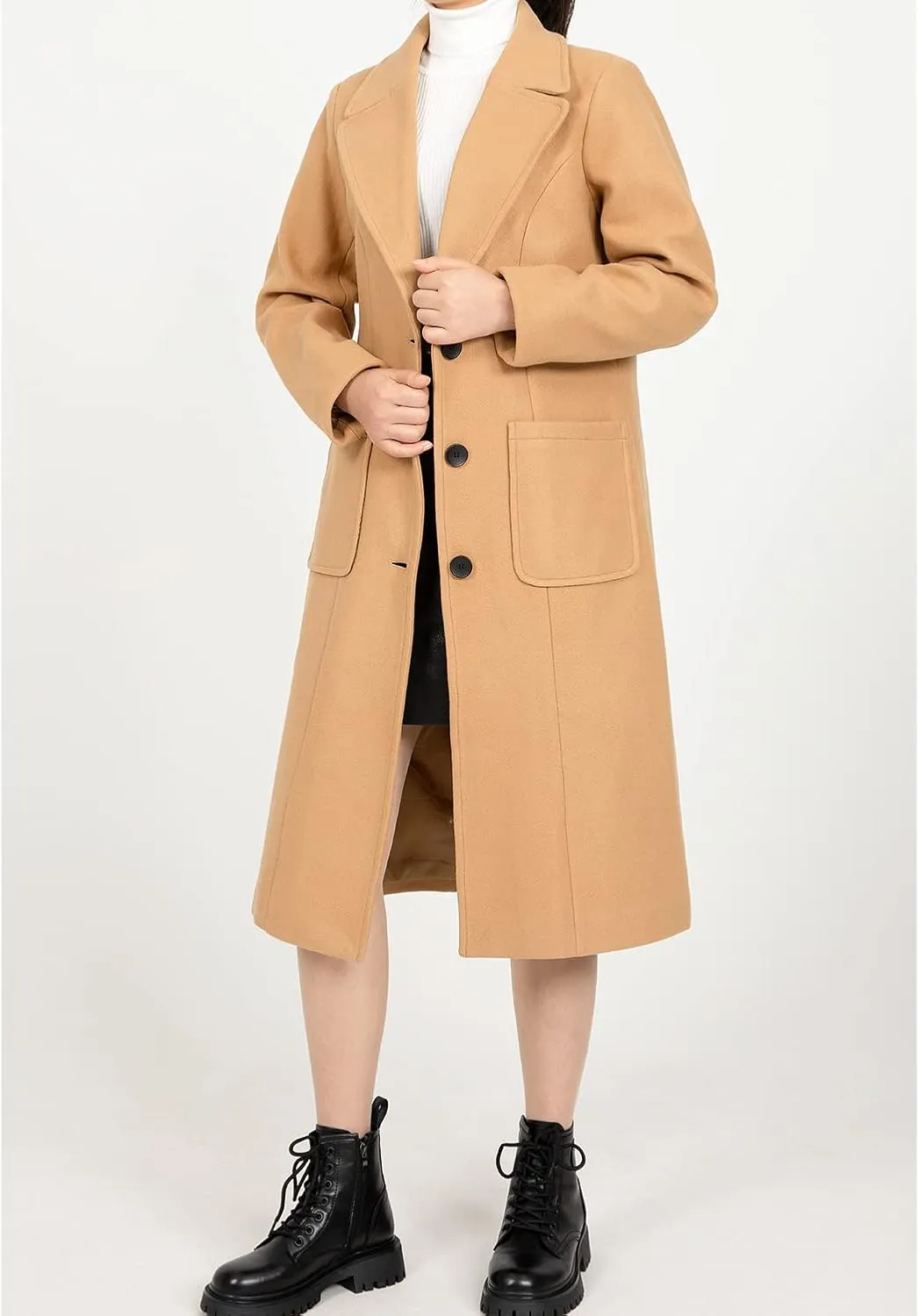 Women's Wool Blend Pea Coat Notch Lapel Single Breasted Classic Winter Long Wool Trench Coat