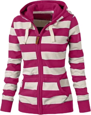 Womens Zip Up Hoodies Casual Oversized Striped Hoodies Sweatshirts Plain Zipper Classic Hooded Jackets with Pockets