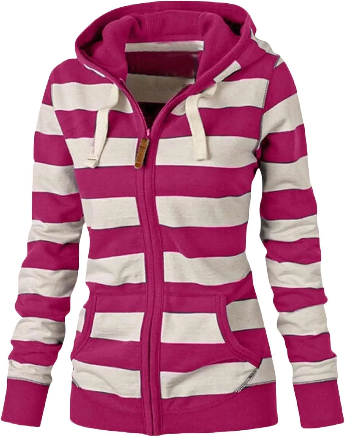 Womens Zip Up Hoodies Casual Oversized Striped Hoodies Sweatshirts Plain Zipper Classic Hooded Jackets with Pockets
